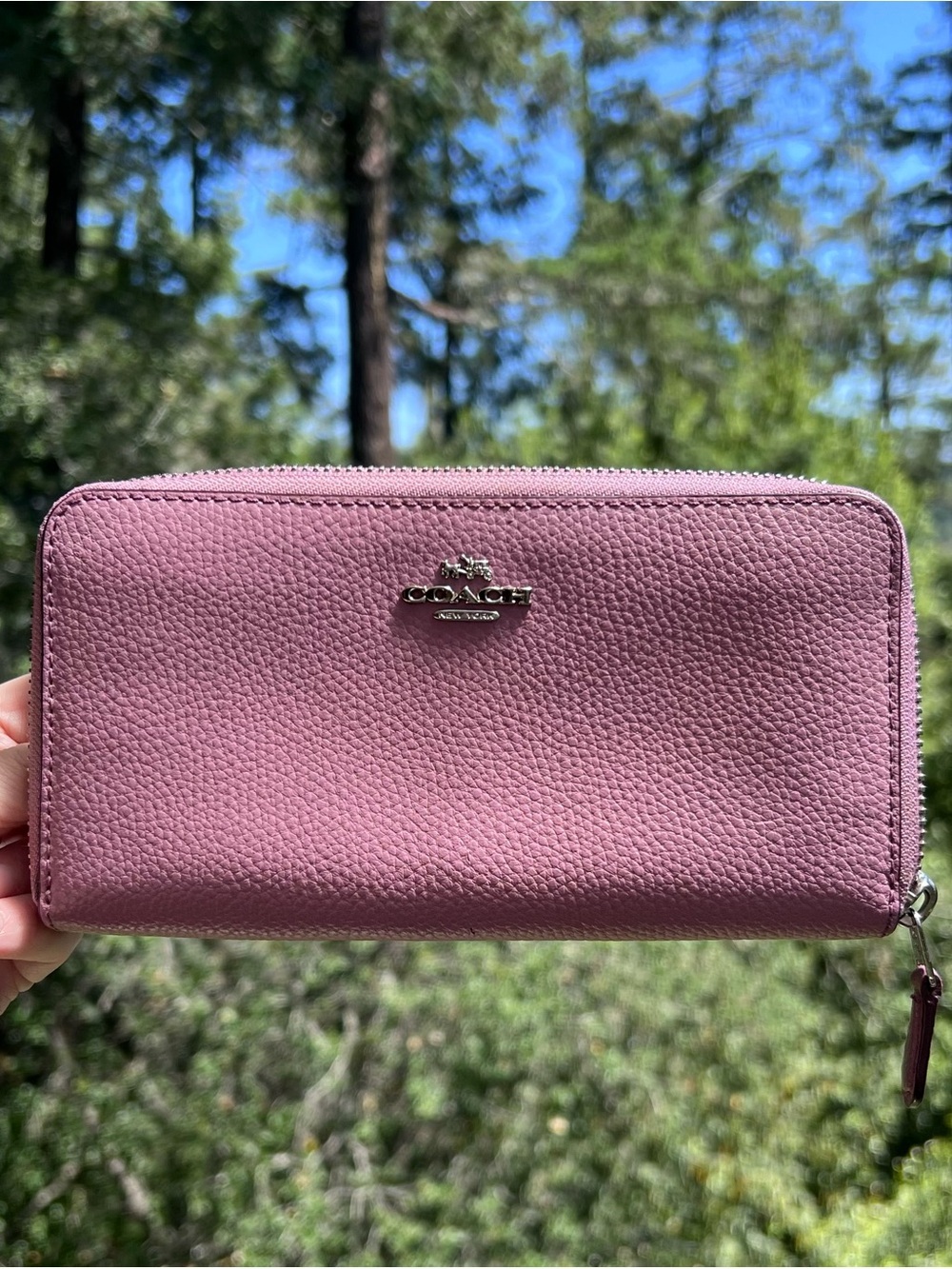 COACH Pink/Purple Long Zip-Around Pebble Leather Wallet with Silver Hardware